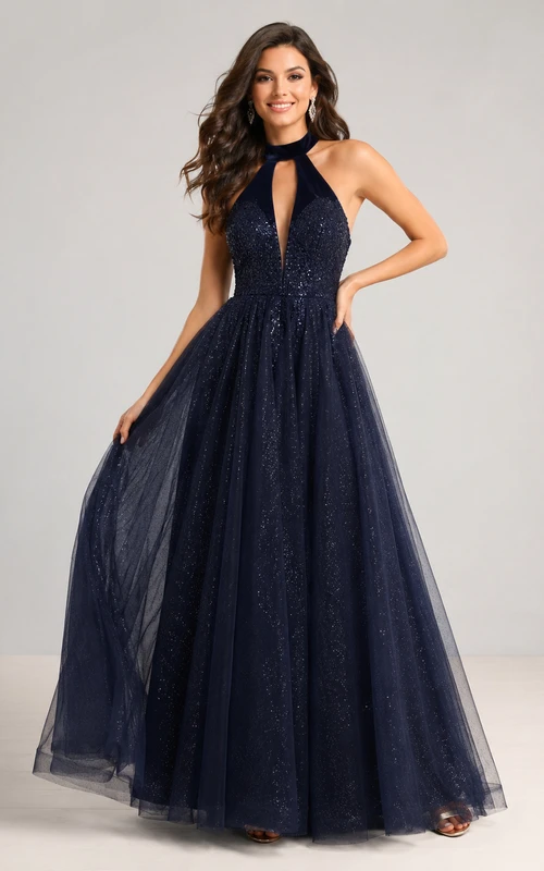 Navy Halter Keyhole Glitter Tulle A Line Prom Dress