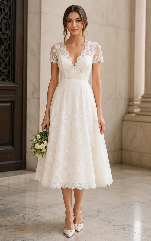 Robe de mariée blanche en dentelle à col V et longueur thé, idéale pour un mariage.