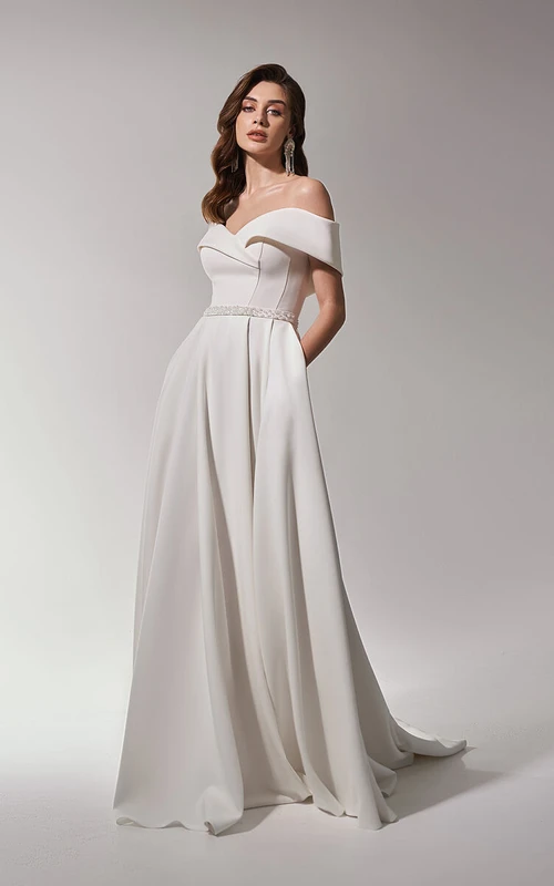 Brautkleid aus Satin mit schulterfreiem Empire-Schnitt und Korsett mit Taillenperlen