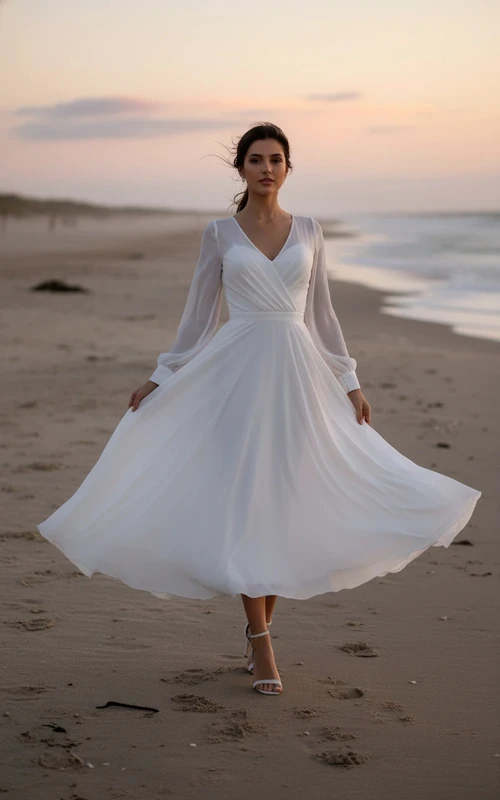 Chiffon-Brautkleid mit V-Ausschnitt, langen Ärmeln und Teelänge für den Strand