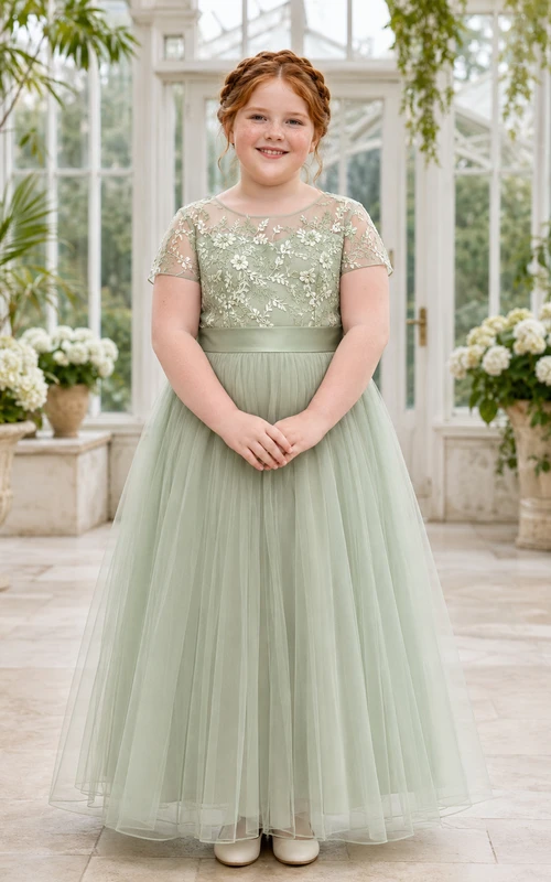 Sage Flower Girl Dress Elegant Floor-Length A-Line Short Illusion Sleeve Contrast Floral Embroidered Tulle Satin Waist