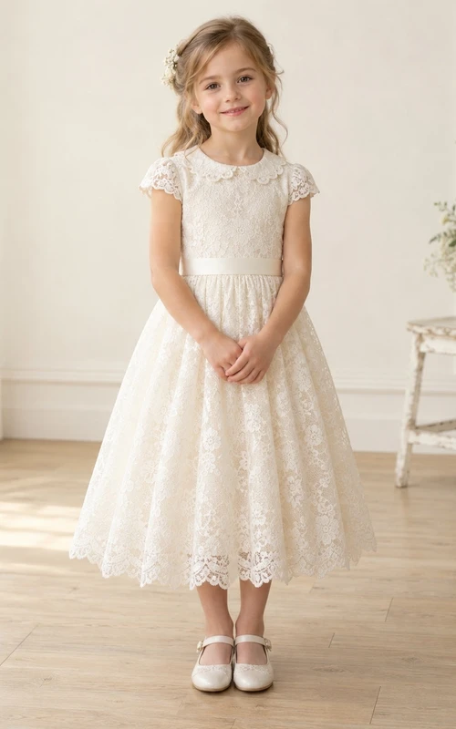 Vintage Tea-length Ivory Floral Jewel Scalloped Collar Cap Sleeve A-Line Gathered Lace Sash Flowergirl Dress