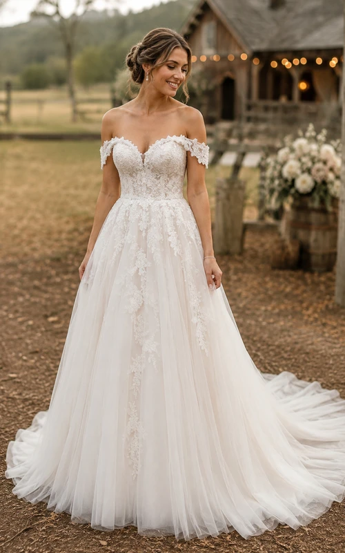 Country Off-the-shoulder Tulle A-line Wedding Dress with Lace