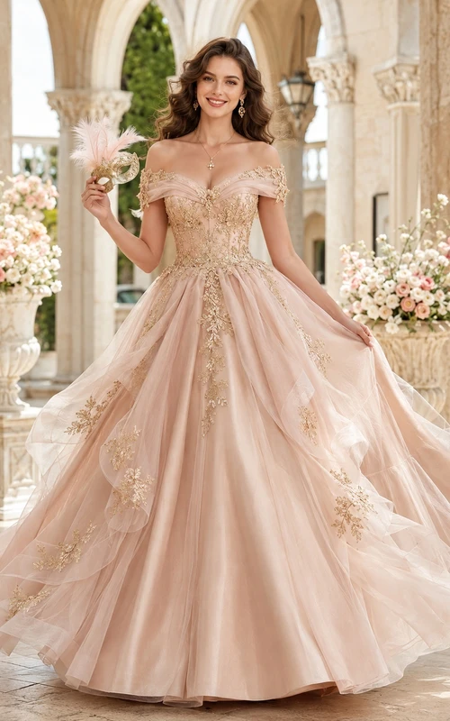 Romantic Blush Off-Shoulder Sweetheart Applique Tulle Ball Gown Sweep Train Masquerade Dress