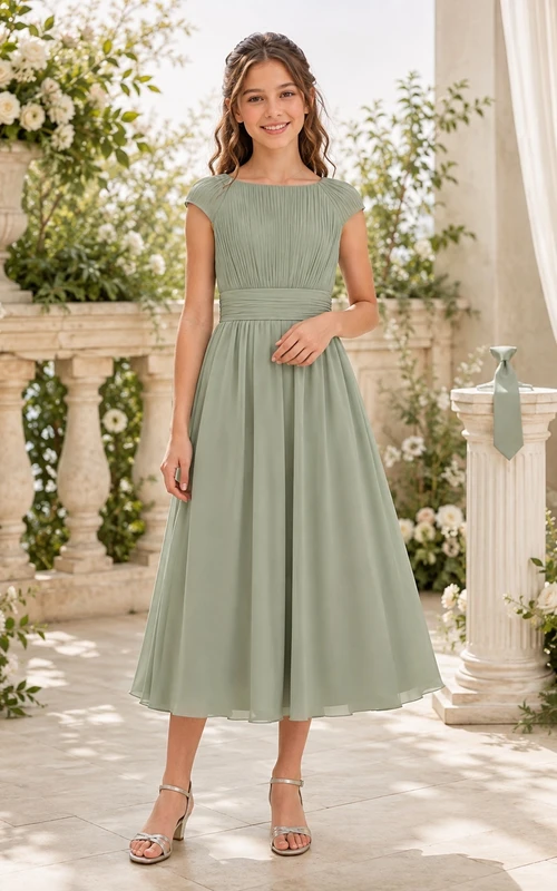 Elegantes, hellgrünes Brautjungfernkleid für junge Damen in A-Linie mit Schmucksteinen, kurzen Ärmeln und Falten.