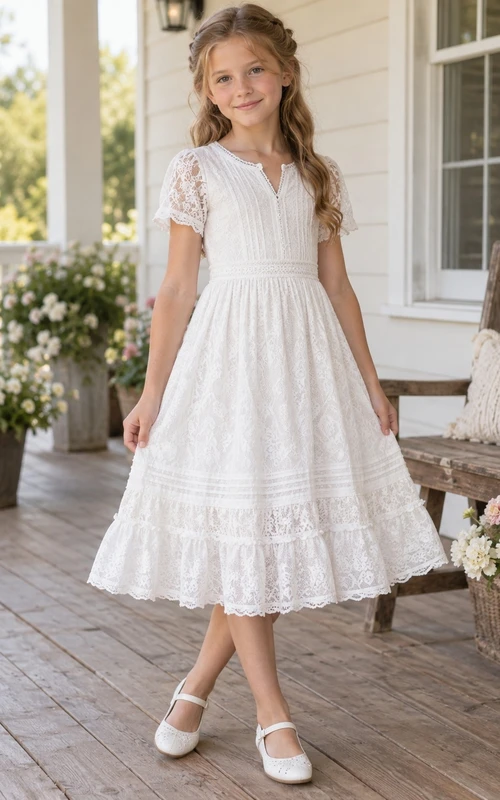 Weißes, knielanges Blumenmädchenkleid aus Spitze mit V-Ausschnitt und flatternden Ärmeln im Landhausstil