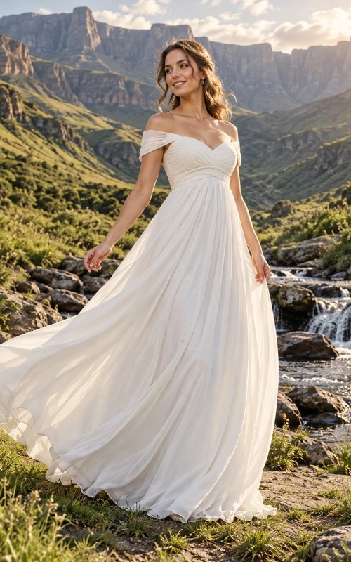 Vestido de novia sencillo de gasa con hombros descubiertos, corte en A y cintura fruncida.