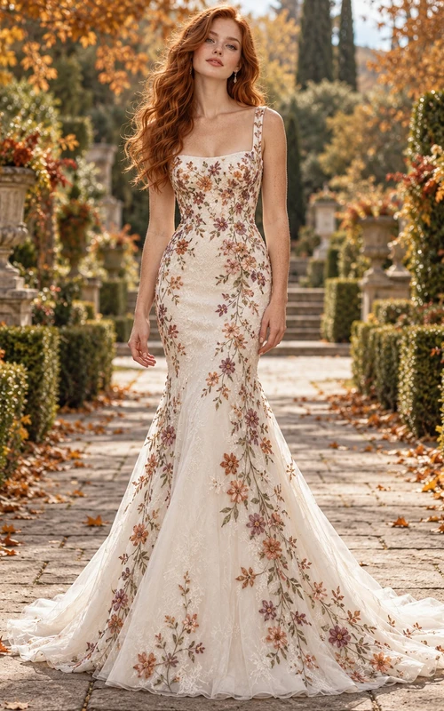 Square Neck Mermaid Autumn Floral Embroidered Strap Bridal Wedding Dress