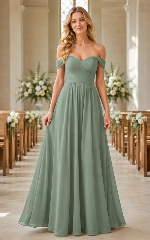 Chapel Ceremony Formal Sage Romantic Elegant A-Line Chiffon Bridesmaid Dress with Off Shoulder Sweetheart Short Sleeve Floor-Length Low Back