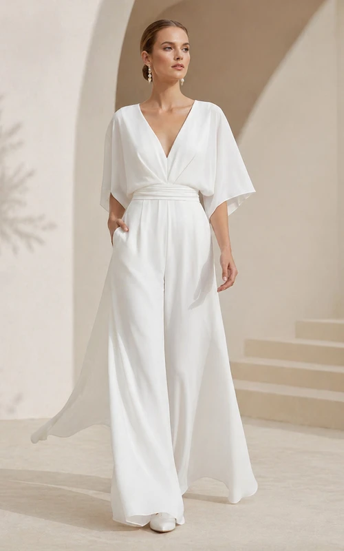 Eleganter Hochzeitsjumpsuit mit V-Ausschnitt, flatternden Ärmeln und weitem Bein