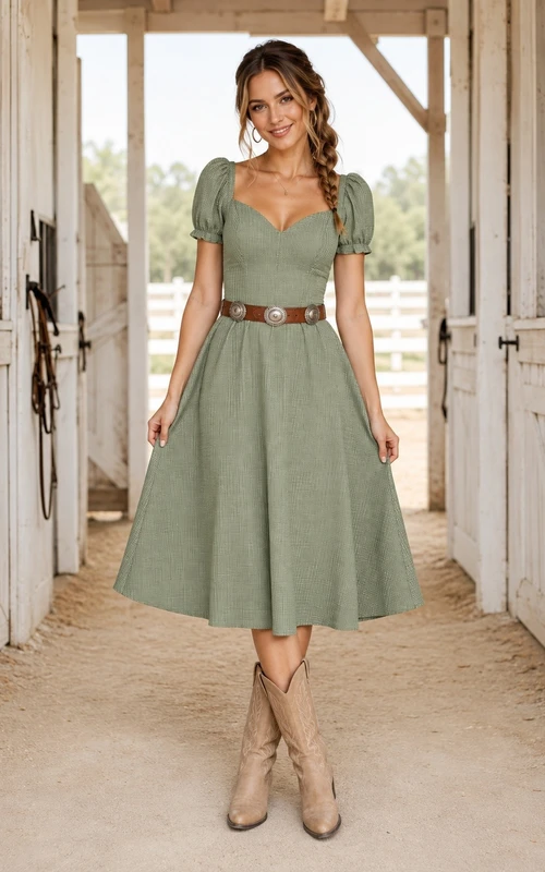 Western-Kleid mit eckigem Ausschnitt, knielang, lässig, mit Puffärmeln, salbeigrün