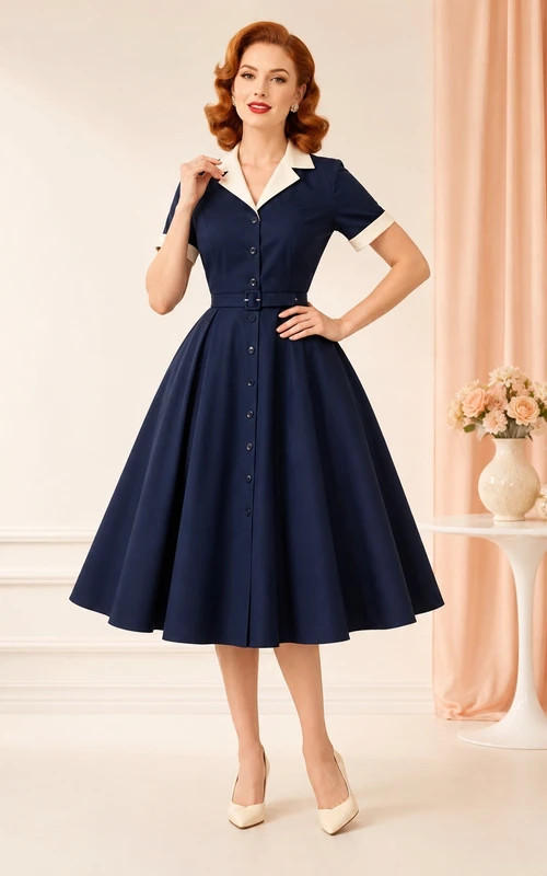 Robe-chemise vintage bleu marine foncé, col blanc, manches courtes et boutons, longueur thé