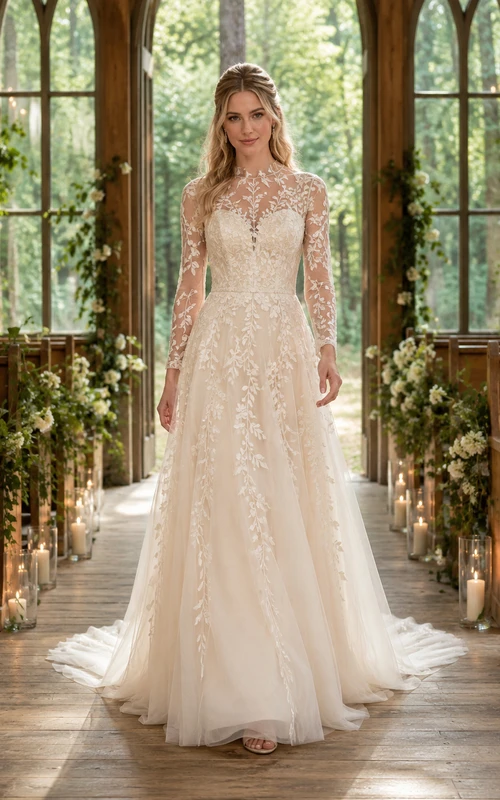 Long Sleeve Vine Lace A-Line Forest Chapel Bridal Gown