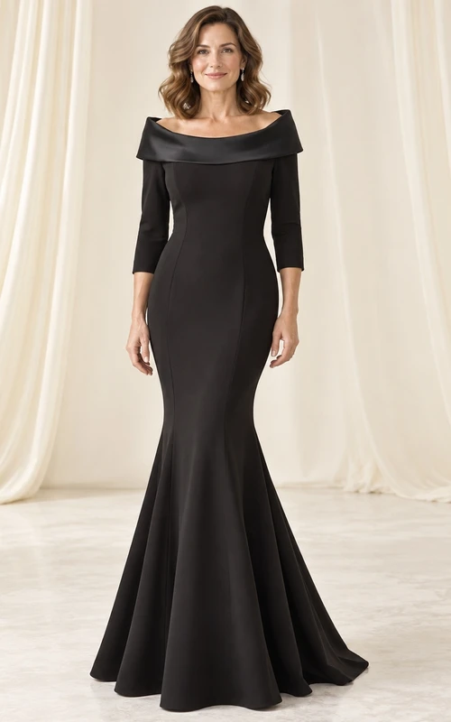 Vestido de noche formal negro estilo sirena, con escote palabra de honor, cuello ancho tipo retrato y mangas tres cuartos hasta el suelo.