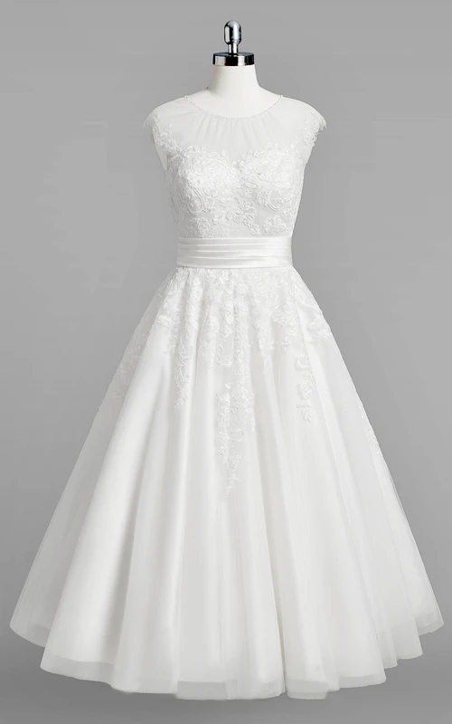 Jewel Neck Cap Sleeve A-Line Lace Tea Length Wedding Dress With Ruched Belt