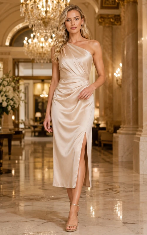 Champagne Luxury Hotel Wedding Guest Bridesmaid Cocktail Formal Dress Sheath Tea-Length One-Shoulder Sleeveless Satin Midi Draped Leg Slit Zipper Back