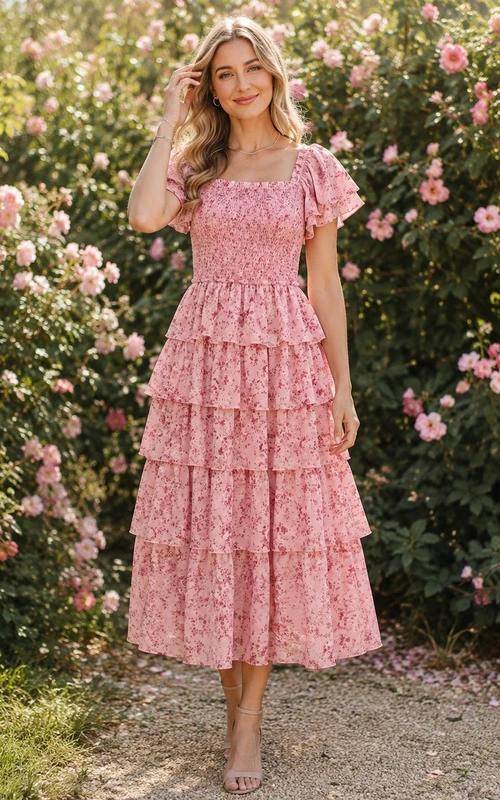 Geblümtes Chiffonkleid in Altrosa mit eckigem Ausschnitt, kurzen Ärmeln und Stufenmuster