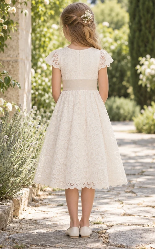 Modest Ivory Tea-length Soft Flutter Sleeve Broad Sash Fine Lace Flower Girl Dress