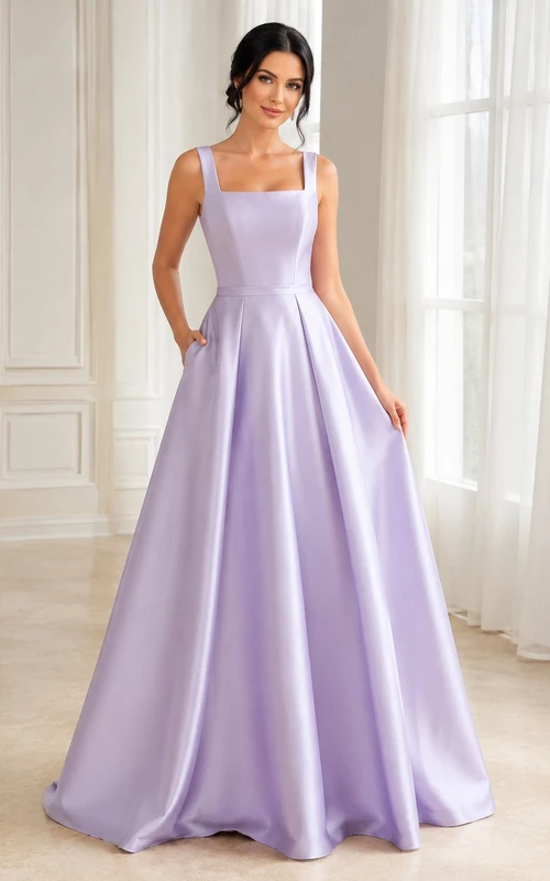 Lavender Satin Spaghetti Strap Square Neck A-Line Prom Dress