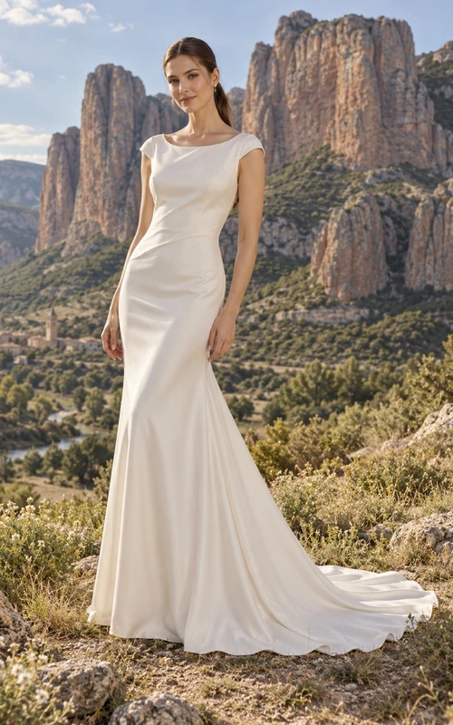 Vestido de novia moderno y sencillo de satén elástico con escote redondo, mangas cortas, corte sirena, cola larga y espalda descubierta.
