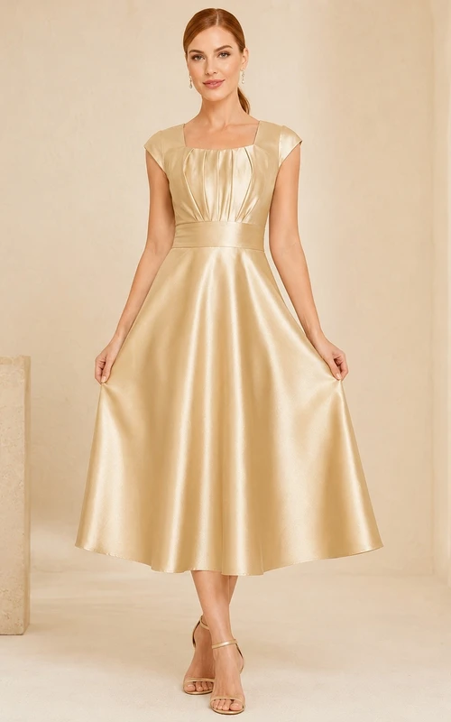 Vestido de noche de corte A, largo hasta la rodilla, sin mangas, con escote cuadrado y acabado en satén dorado intenso.