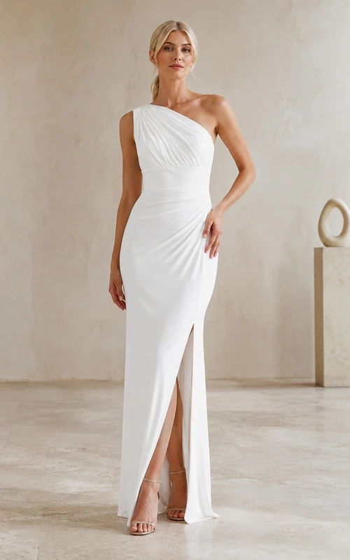 White One Shoulder Sleeveless Ruched Split Front Sheath Dress
