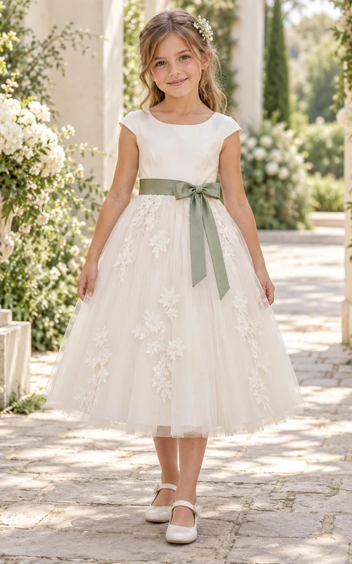 Tea-length Ivory A-line Lace Tulle Cap-sleeve Green-sash Appliqued Flower Girl Dress