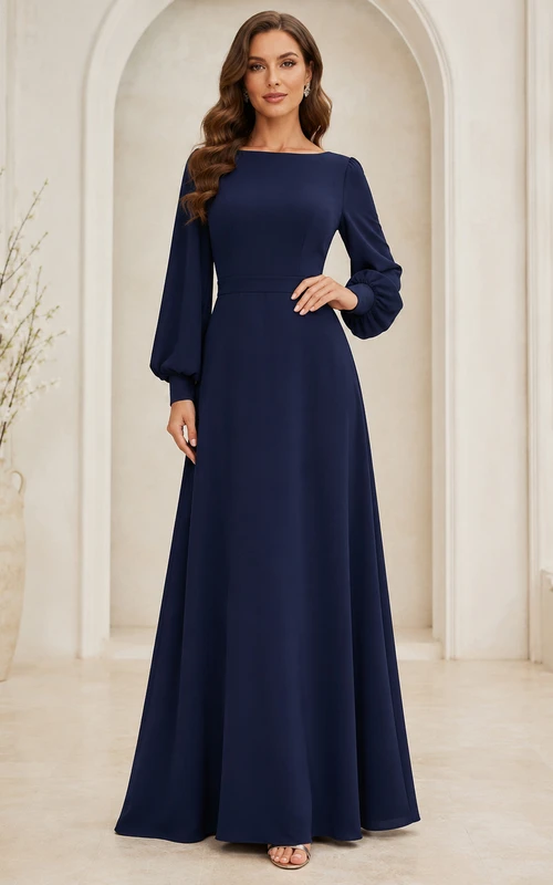 Dunkelblaues, formelles Chiffon-Abendkleid mit U-Boot-Ausschnitt, Glockenärmeln und A-Linien-Form für Empfänge