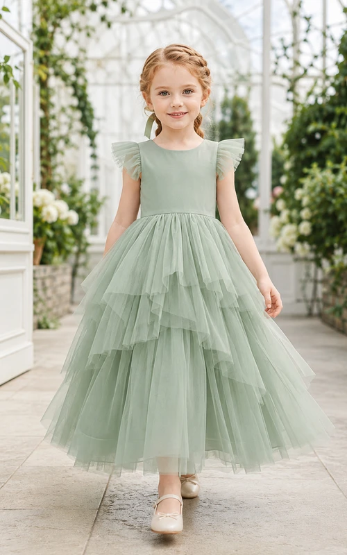 Flower Girl Dress Sage Tulle A-Line Short Sleeve Jewel Neck Tea Length Ruffle Detail Tiered Skirt
