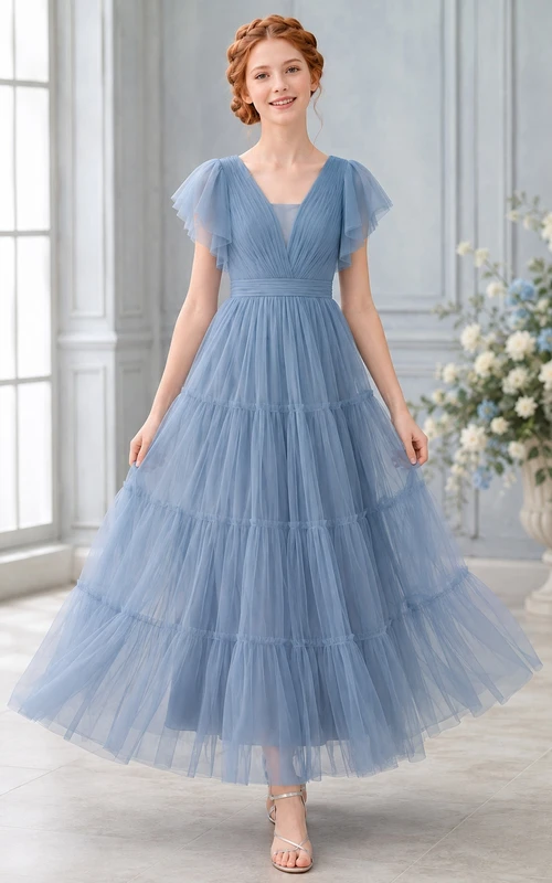 Stahlblaues Brautjungfernkleid für junge Damen, A-Linie, V-Ausschnitt, kurze Ärmel, wadenlang, mit Blütenblattmuster, Tüllrüschen, elegant