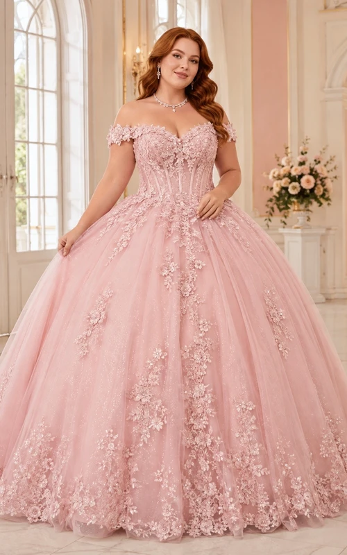 Plus Size Blush Off Shoulder Applique Ball Gown Quinceanera Dress