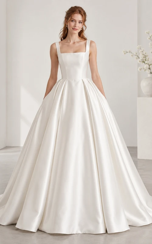 Simple Square Neck Satin Sleeveless Pleated Ball Gown Wedding Dress
