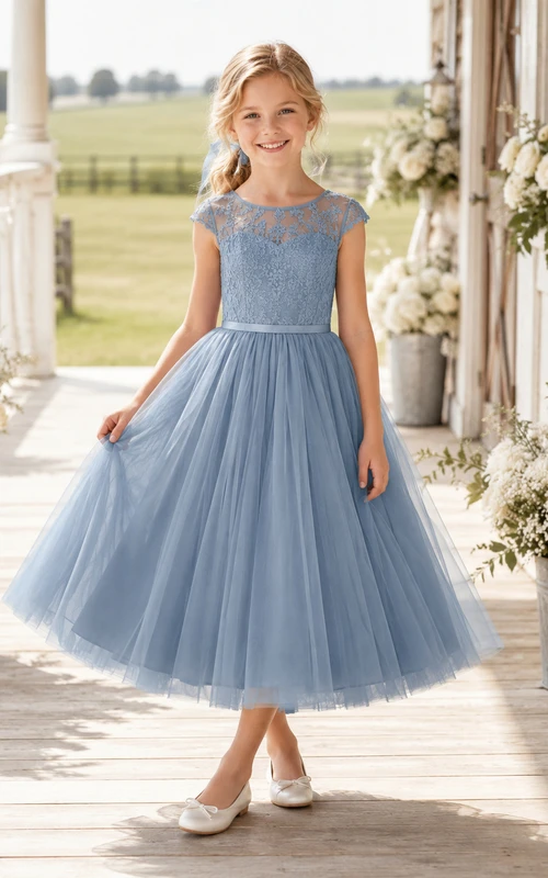 Steel Blue Flower Girl Dress Tea-Length Lace Tulle A-Line Illusion Bateau Cap Sleeve Button Back Satin Waist