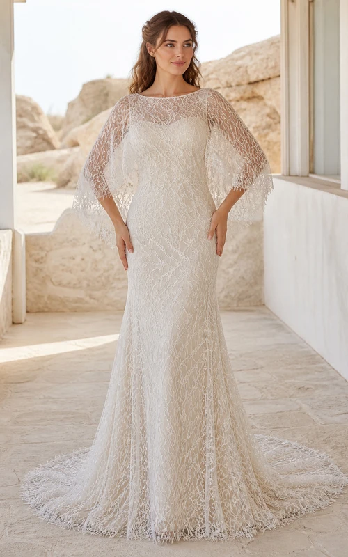 Vestido de novia bohemio estilo barco con mangas murciélago y encaje geométrico.