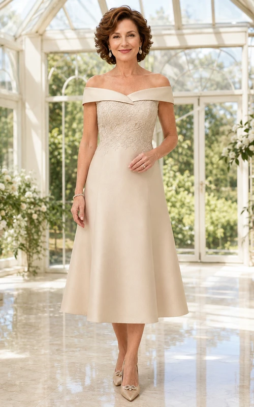 Elegantes, champagnerfarbenes Satin-Abendkleid für kleine Mütter: schulterfrei, kurze Ärmel, A-Linie, Teelänge