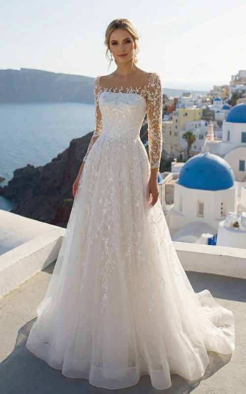 cinderella wedding dress long sleeve Sparkly Tulle Long-Sleeve Ball Gown