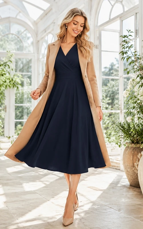 Dark Navy V-Neck Sleeveless Chiffon Coat A-Line Mother Dress