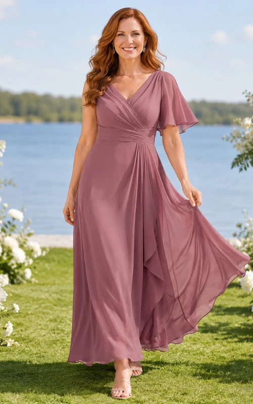 Dusty Rose Ankle-Length A-Line Romantic Mother of the Bride Chiffon Dress with V-Neck Flutter Sleeves and Side Cascade