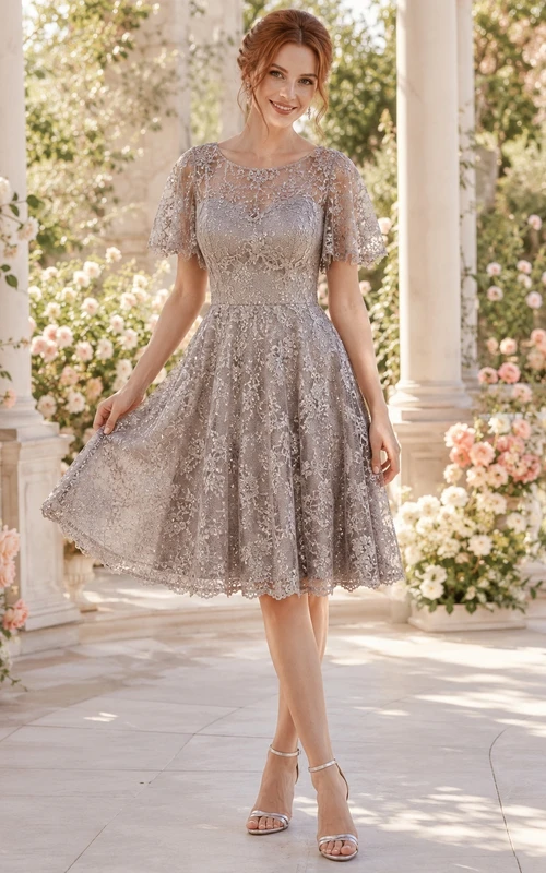 Taupefarbenes, knielanges Cocktailkleid aus Chiffon mit floraler Spitze und kurzen Ärmeln in A-Linie für den Homecoming-Ball