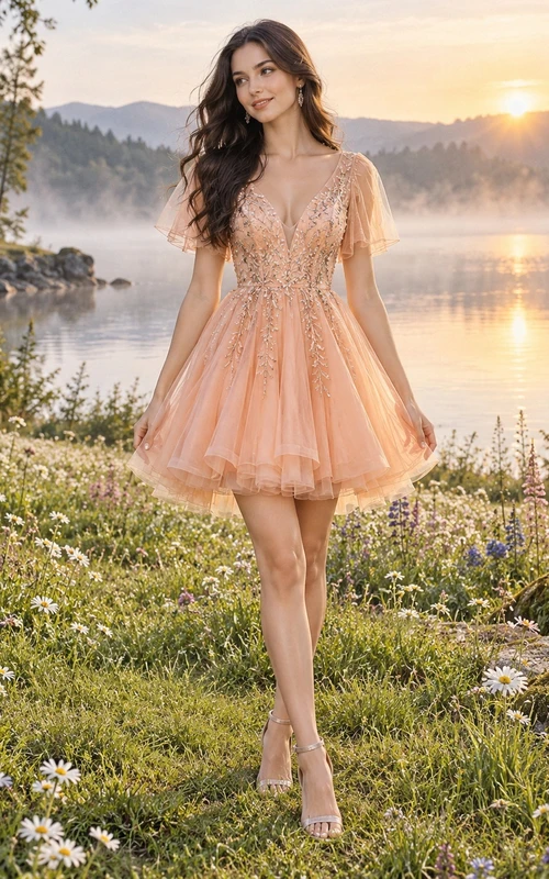Robe de bal courte en tulle à col V et manches papillon, en dentelle florale, couleur papaye.