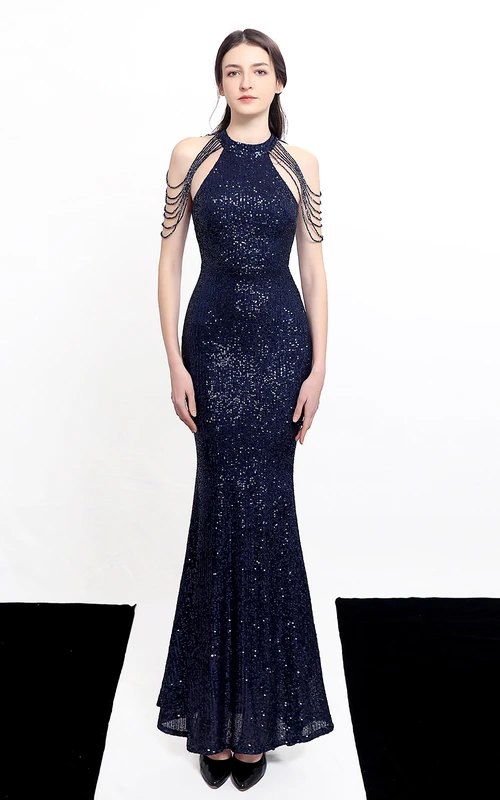 Elegante vestido de noche largo con escote halter, lentejuelas de diamantes y cola de sirena, estilo banquete.