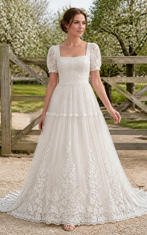 Vestido de novia vintage de manga corta, corte A, escote cuadrado, estilo gatehouse, con volantes y cola catedral de encaje.