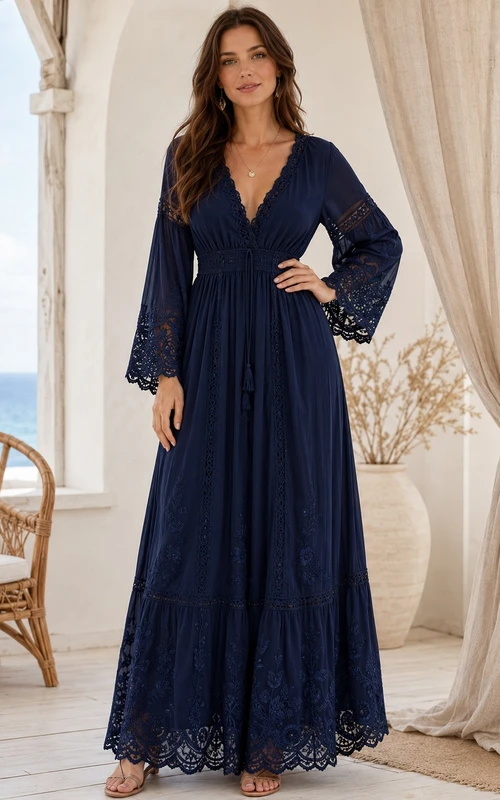 Vestido largo bohemio de manga larga, cuello en V, encaje, corte en A