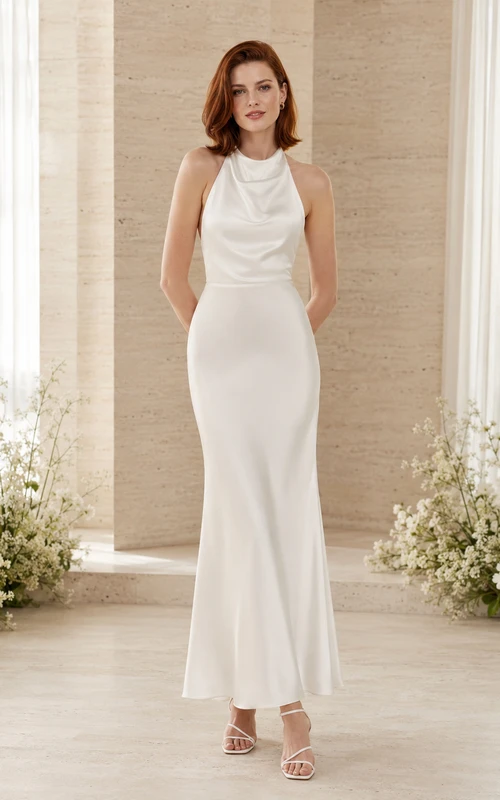 White halter cowl crepe ankle length sheath bridesmaid dress