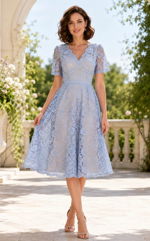 Himmelblaues, wadenlanges Gästekleid mit V-Ausschnitt, kurzen Ärmeln, floraler Spitze, A-Linien-Schnitt.