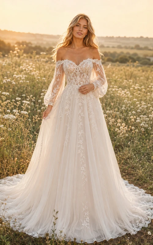 Lace Tulle Wedding Dress A-Line Off Shoulder Long Sleeve Chapel Train Bridal Gown