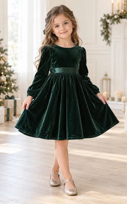 Langärmeliges, teelanges, grünes Samtkleid mit Perlenkragen und Blumenmädchen-Motiv, verziert mit einer Halsschärpe und Perlen.