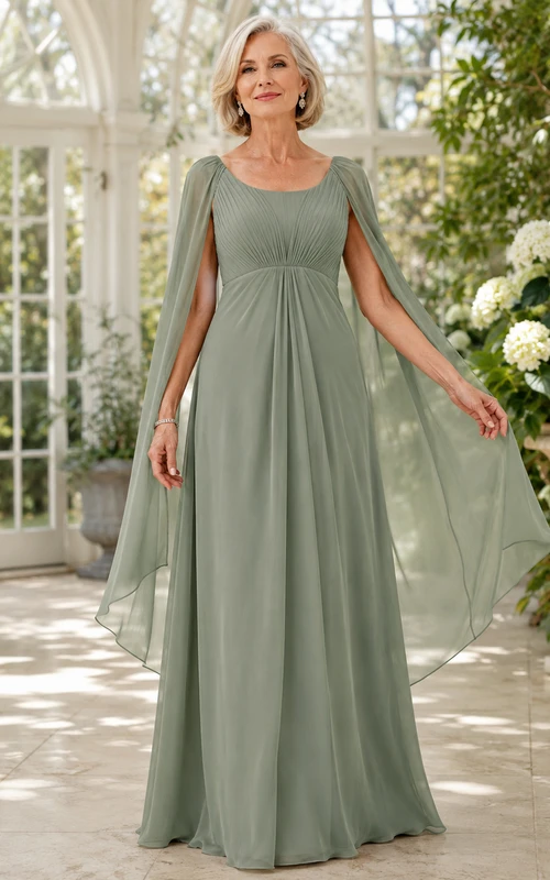 Sage Floor-Length A-Line Modest Mother of the Bride Chiffon Gown with Scoop Neck Long Split Cape and Empire Waist