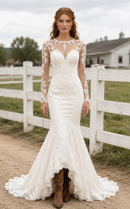 Robe de mariée de maternité en dentelle, col carré, manches longues, style jardin, avec fente sur le devant
