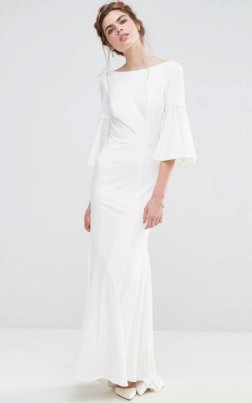 Robe de demoiselle d'honneur en mousseline de soie, longueur cheville, manches bouffantes, col bateau, fourreau, manches bouffantes, col bateau